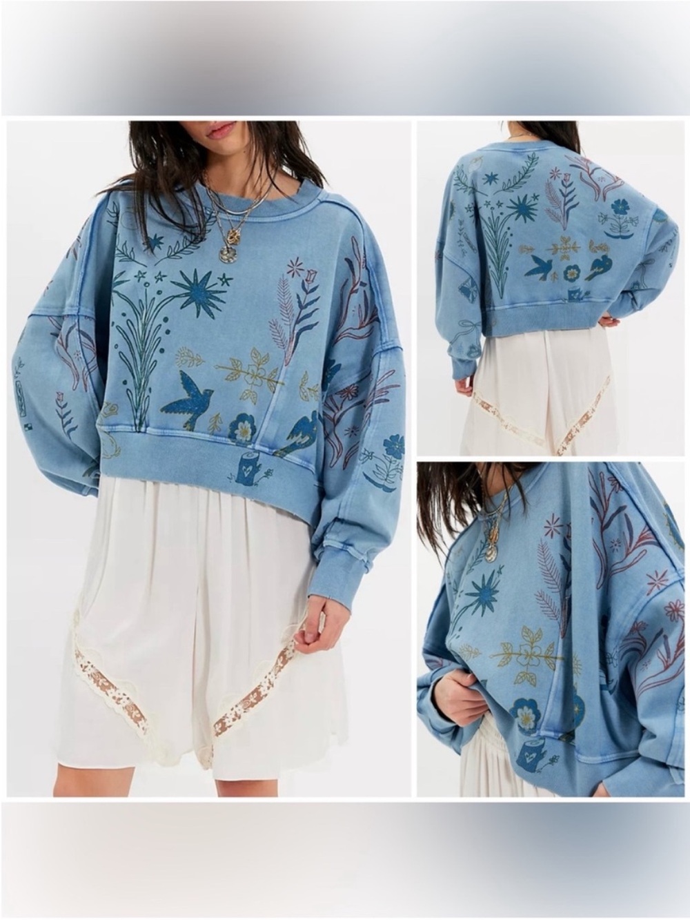 NWOT Free People Gaia Sweatshirt - blue folk combo - XS, Small